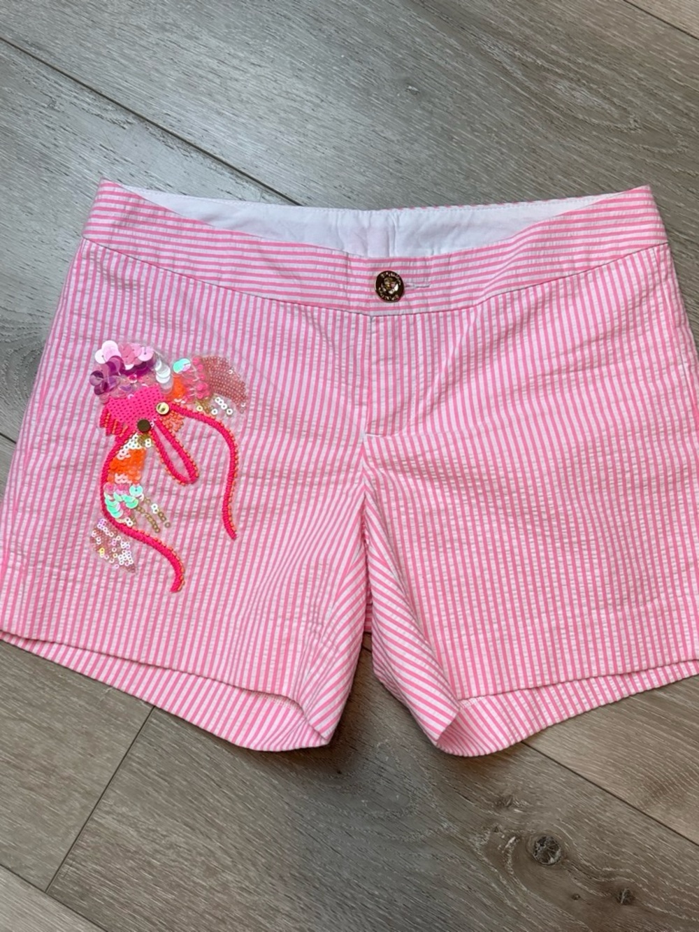 Pink Seersucker Embellished Women’s Shorts